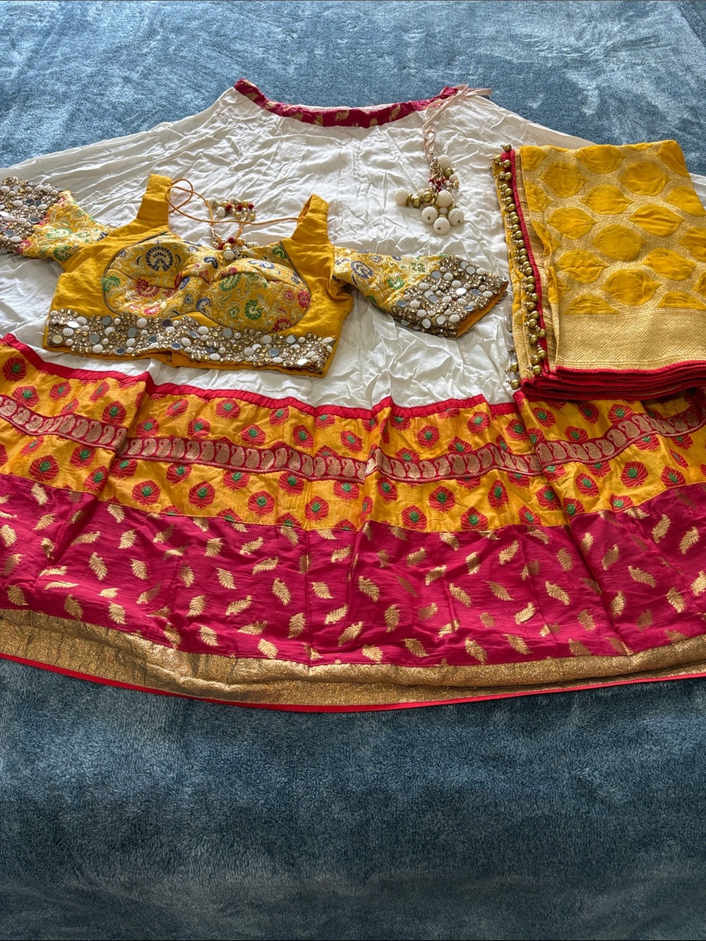 Yellow and Pink Embroidered Women's Lehenga Choli with Mirror Work